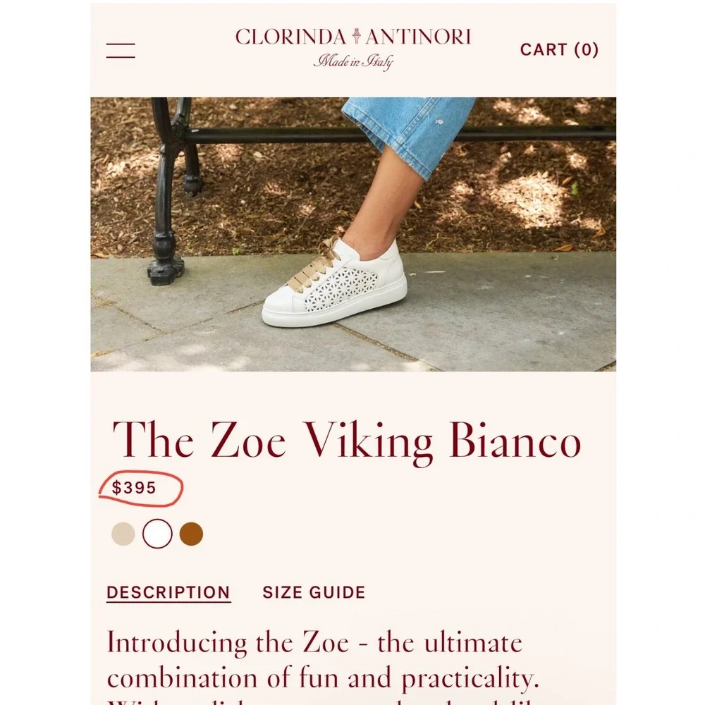 Clorinda Antinori The Zoe‎ Viking Bianco Leather Cutout Sneaker 38 (US 8)